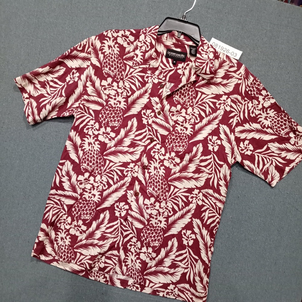 Ocean Pacific Mens M Rayon Hawaiian Shirt Burgundy Pineapple Tropical Camp Top